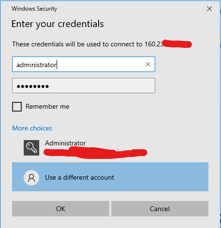 กรอก Username และ Password VPS Windows